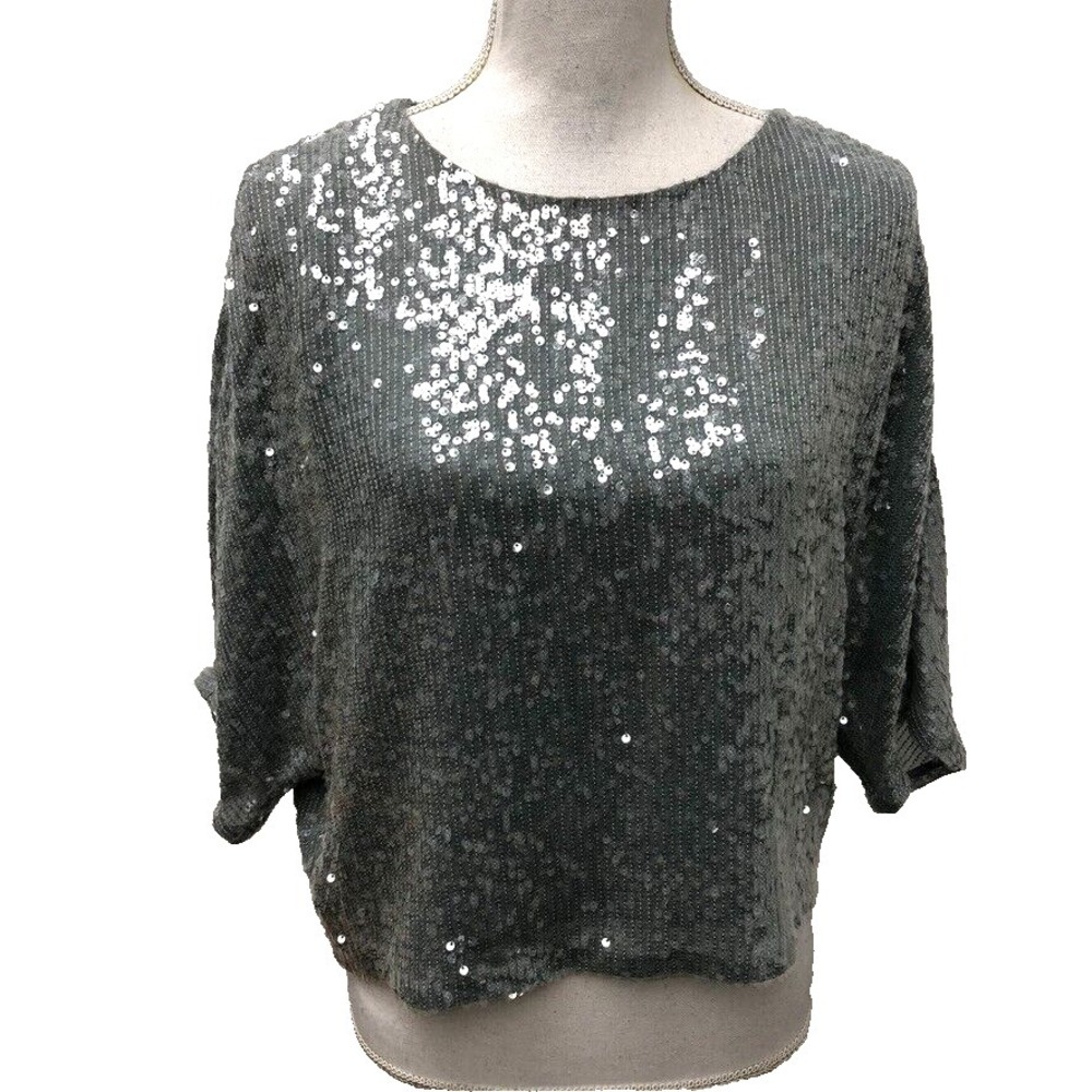 Sally Lapointe Crop Sequin Blouse Top‎ Womens Medium Silver Going Out Party